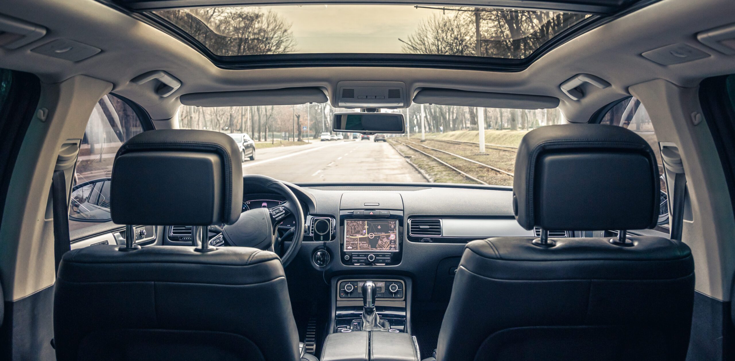 The interior of a modern car without people, a view from inside the car.